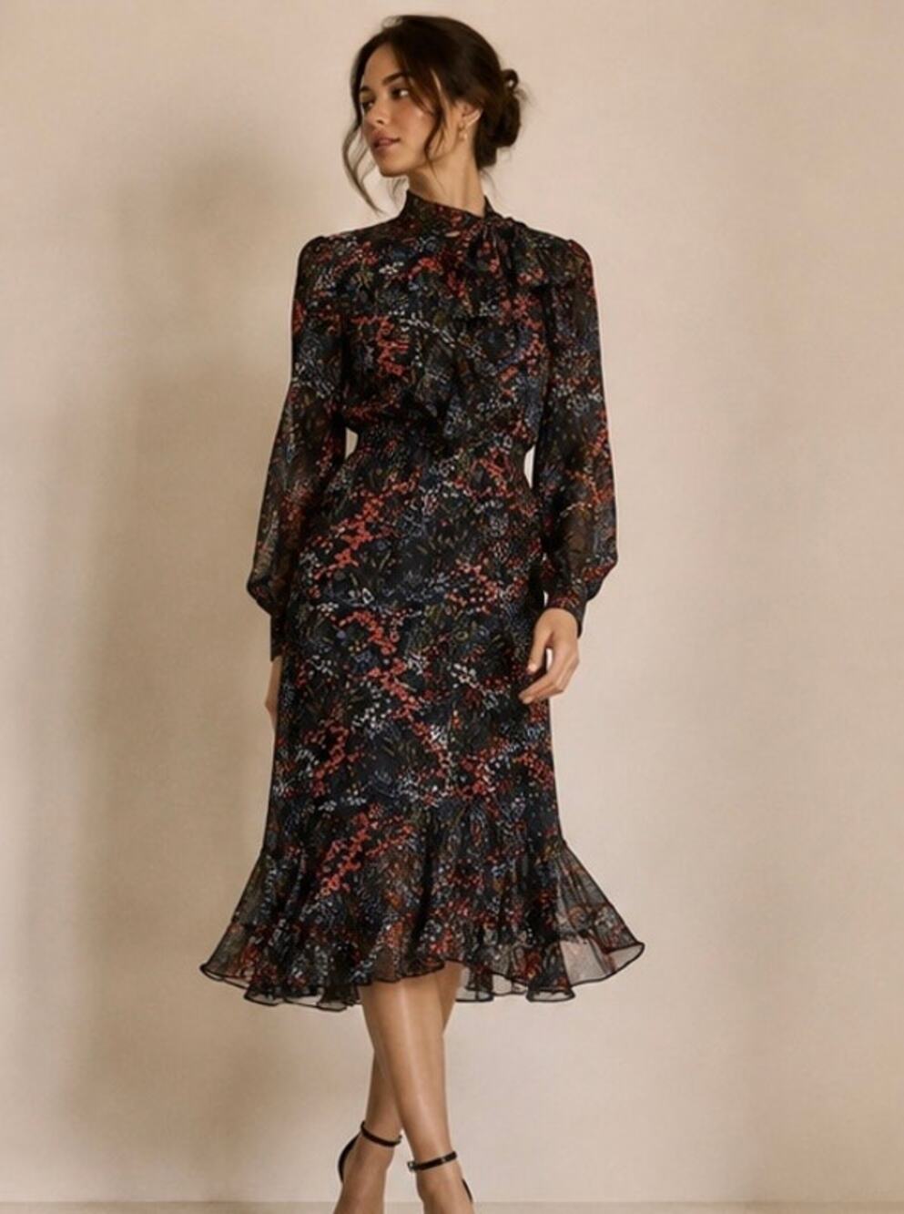 CO. Designer Black Floral Print Fall Winter 2018 Tie Neck Ruffle Silk Dress M
